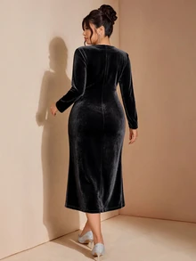 Cravure Plus Size Women's Fall/Winter Cross Collar Glossy Ribbon Patchwork Cinched Waist Elegant Formal Commute Formal Dinner Party Dress Wedding Going Out - Black - View 4