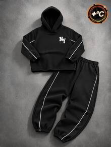 Teen Boys' Fleece Lined Graphic Sweatshirt And Sweatpants Set, Warm Loose Fit 2-Piece Streetwear Tracksuit, Winter Outfit - Black - View 8