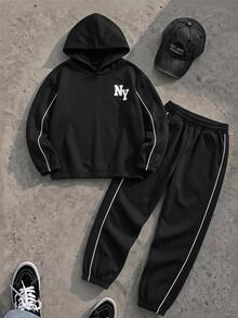Teen Boys' Fleece Lined Graphic Sweatshirt And Sweatpants Set, Warm Loose Fit 2-Piece Streetwear Tracksuit, Winter Outfit - Black - View 3