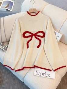 Easura 大尺碼女款針織冬季聖誕大蝴蝶結休閒毛衣上衣，喇叭袖，立領，寬鬆版型，百搭純色套頭衫 - 米色 - 查看 4