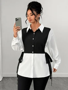 Elenzga Plus Size Women's Autumn/Winter New Woven Black & White Color Block Patchwork Side Tie Adjustable Elastic Waist Button-Front Slimming 2 In 1 Shirt, Suitable For Casual, Commute, Light Business, Campus Wear - Black and White - View 7