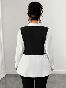 Elenzga Plus Size Women's Autumn/Winter New Woven Black & White Color Block Patchwork Side Tie Adjustable Elastic Waist Button-Front Slimming 2 In 1 Shirt, Suitable For Casual, Commute, Light Business, Campus Wear - Black and White - View 4
