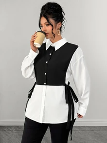 Elenzga Plus Size Women's Autumn/Winter New Woven Black & White Color Block Patchwork Side Tie Adjustable Elastic Waist Button-Front Slimming 2 In 1 Shirt, Suitable For Casual, Commute, Light Business, Campus Wear - Black and White - View 2