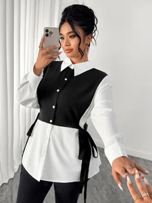 Elenzga Plus Size Women's Autumn/Winter New Woven Black & White Color Block Patchwork Side Tie Adjustable Elastic Waist Button-Front Slimming 2 In 1 Shirt, Suitable For Casual, Commute, Light Business, Campus Wear - Black and White - View 6
