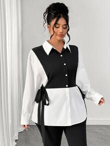 Elenzga Plus Size Women's Autumn/Winter New Woven Black & White Color Block Patchwork Side Tie Adjustable Elastic Waist Button-Front Slimming 2 In 1 Shirt, Suitable For Casual, Commute, Light Business, Campus Wear - Black and White - View 8