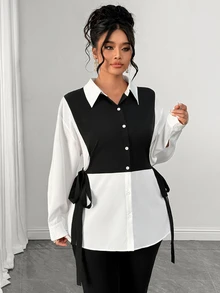 Elenzga Plus Size Women's Autumn/Winter New Woven Black & White Color Block Patchwork Side Tie Adjustable Elastic Waist Button-Front Slimming 2 In 1 Shirt, Suitable For Casual, Commute, Light Business, Campus Wear - Black and White - View 5