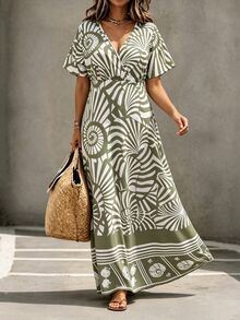 Linhara CURVE Vintage Shell Print Wrap V-Neck Short Sleeve High Waist Full Skirt Beach Maxi Dress - Green - View 11