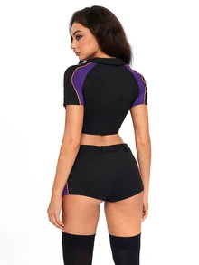 ROMWE Anime Women's 2pcs Cosplay Courier Outfit, FakeEx Short Sleeve Deep V-Neck Crop Top And Shorts, Halloween - Black - View 6