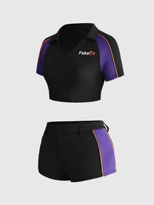 ROMWE Anime Women's 2pcs Cosplay Courier Outfit, FakeEx Short Sleeve Deep V-Neck Crop Top And Shorts, Halloween - Black - View 10