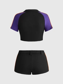 ROMWE Anime Women's 2pcs Cosplay Courier Outfit, FakeEx Short Sleeve Deep V-Neck Crop Top And Shorts, Halloween - Black - View 11