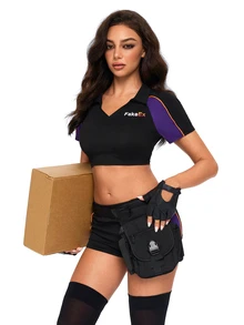 ROMWE Anime Women's 2pcs Cosplay Courier Outfit, FakeEx Short Sleeve Deep V-Neck Crop Top And Shorts, Halloween - Black - View 7