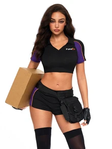 ROMWE Anime Women's 2pcs Cosplay Courier Outfit, FakeEx Short Sleeve Deep V-Neck Crop Top And Shorts, Halloween - Black - View 4