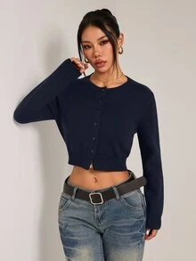 SHEIN PETITE Women's Petite Navy Cotton-Blend Casual Cardigan For Daily Commuting - Navy Blue - View 3