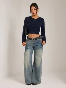 SHEIN PETITE Women's Petite Navy Cotton-Blend Casual Cardigan For Daily Commuting - Navy Blue - View 7
