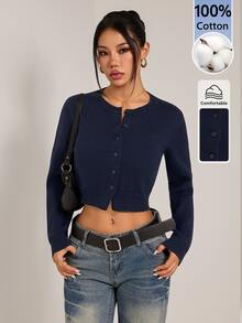 SHEIN PETITE Women's Petite Navy Cotton-Blend Casual Cardigan For Daily Commuting - Navy Blue - View 4