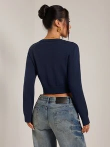 SHEIN PETITE Women's Petite Navy Cotton-Blend Casual Cardigan For Daily Commuting - Navy Blue - View 2