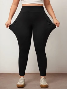 Enliva Plus Size Side Pockets Sports Yoga Stretchy Slim Leggings, Breathable Fabric, Summer, For Apple Rounded Body Shape Gym Black - Black - View 7