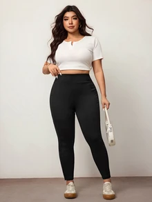 Enliva Plus Size Side Pockets Sports Yoga Stretchy Slim Leggings, Breathable Fabric, Summer, For Apple Rounded Body Shape Gym Black - Black - View 6