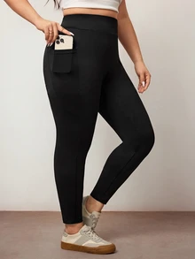 Enliva Plus Size Side Pockets Sports Yoga Stretchy Slim Leggings, Breathable Fabric, Summer, For Apple Rounded Body Shape Gym Black - Black - View 8