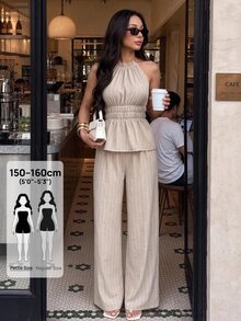 SHEIN PETITE Summer Women's Beige Linen Tank Top And Pants Set, Loose-Fitting Brunch Vacation Casual Elegant - Khaki - View 4