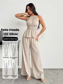 SHEIN PETITE Summer Women's Beige Linen Tank Top And Pants Set, Loose-Fitting Brunch Vacation Casual Elegant - Khaki - View 9