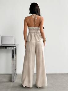 SHEIN PETITE Summer Women's Beige Linen Tank Top And Pants Set, Loose-Fitting Brunch Vacation Casual Elegant - Khaki - View 2