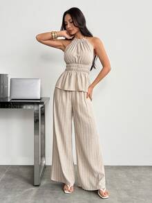 SHEIN PETITE Summer Women's Beige Linen Tank Top And Pants Set, Loose-Fitting Brunch Vacation Casual Elegant - Khaki - View 7