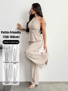 SHEIN PETITE Summer Women's Beige Linen Tank Top And Pants Set, Loose-Fitting Brunch Vacation Casual Elegant - Khaki - View 5