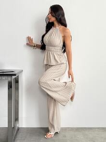 SHEIN PETITE Summer Women's Beige Linen Tank Top And Pants Set, Loose-Fitting Brunch Vacation Casual Elegant - Khaki - View 8