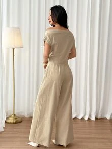 SHEIN PETITE Women's Summer New Minimalist Elegant Casual Linen Wide Collar Cold Shoulder Top And Wide Leg Pants Set Brunch Vacation Beige - White - View 2
