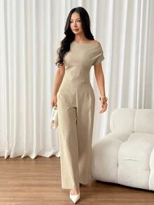 SHEIN PETITE Women's Summer New Minimalist Elegant Casual Linen Wide Collar Cold Shoulder Top And Wide Leg Pants Set Brunch Vacation Beige - White - View 5