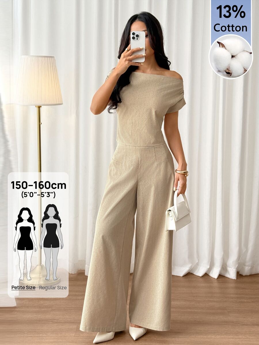 SHEIN PETITE Women's Summer New Minimalist Elegant Casual Linen Wide Collar Cold Shoulder Top And Wide Leg Pants Set Brunch Vacation Beige - White - View 1