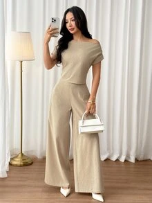 SHEIN PETITE Women's Summer New Minimalist Elegant Casual Linen Wide Collar Cold Shoulder Top And Wide Leg Pants Set Brunch Vacation Beige - White - View 7