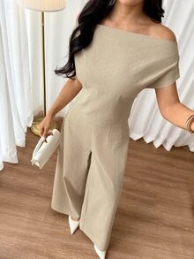 SHEIN PETITE Women's Summer New Minimalist Elegant Casual Linen Wide Collar Cold Shoulder Top And Wide Leg Pants Set Brunch Vacation Beige - White - View 4