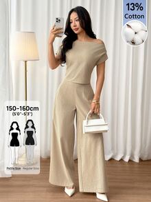 SHEIN PETITE Women's Summer New Minimalist Elegant Casual Linen Wide Collar Cold Shoulder Top And Wide Leg Pants Set Brunch Vacation Beige - White - View 8
