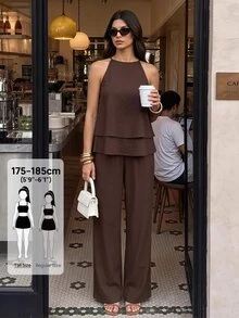 SHEIN Tall Tall Women's Two Pieces Set: Double-Layer Ruffle Spaghetti Strap Top And Trousers – Casual Workwear - Brown - View 5