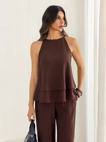 SHEIN Tall Tall Women's Two Pieces Set: Double-Layer Ruffle Spaghetti Strap Top And Trousers – Casual Workwear - Brown - View 6