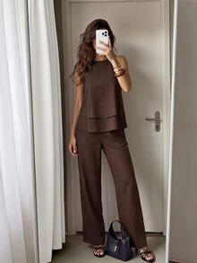 SHEIN Tall Tall Women's Two Pieces Set: Double-Layer Ruffle Spaghetti Strap Top And Trousers – Casual Workwear - Brown - View 9