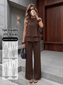 SHEIN Tall Tall Women's Two Pieces Set: Double-Layer Ruffle Spaghetti Strap Top And Trousers – Casual Workwear - Brown - View 10
