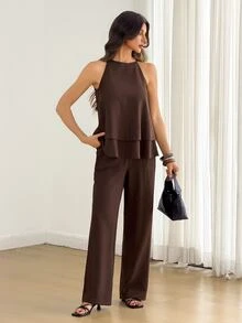 SHEIN Tall Tall Women's Two Pieces Set: Double-Layer Ruffle Spaghetti Strap Top And Trousers – Casual Workwear - Brown - View 1
