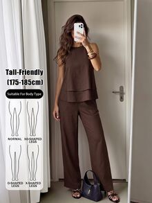 SHEIN Tall Tall Women's Two Pieces Set: Double-Layer Ruffle Spaghetti Strap Top And Trousers – Casual Workwear - Brown - View 4