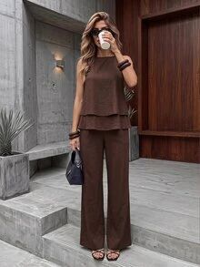 SHEIN Tall Tall Women's Two Pieces Set: Double-Layer Ruffle Spaghetti Strap Top And Trousers – Casual Workwear - Brown - View 11