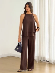 SHEIN Tall Tall Women's Two Pieces Set: Double-Layer Ruffle Spaghetti Strap Top And Trousers – Casual Workwear - Brown - View 3