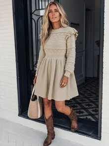 LanaWest Women's Solid Color Round Neck Long Sleeve Ruffle Knit Dress - Khaki - View 2