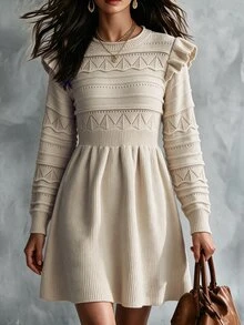 LanaWest Women's Solid Color Round Neck Long Sleeve Ruffle Knit Dress - Khaki - View 4
