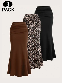 Lalippa 3pcs Elegant Party Solid Black Coffee Color Mermaid Skirt And Leopard Printd Graphic Skirt Set For Women - Multicolor - View 3