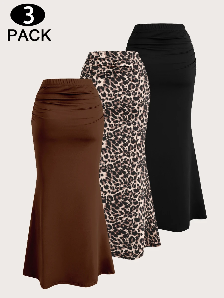 Lalippa 3pcs Elegant Party Solid Black Coffee Color Mermaid Skirt And Leopard Printd Graphic Skirt Set For Women - Multicolor - View 1