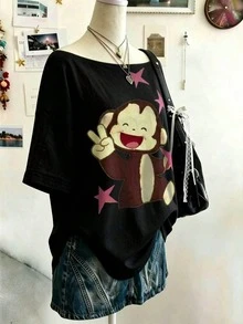 Lalippa Kaos Lengan Pendek Wanita Ukuran Besar Motif Kartun Hewan dengan Leher Asimetris - Putih - View 4