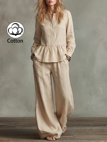 SHEIN Women's Woven Solid Color Cotton Ruffle Trim Blouse And Pants 2 Pieces Set, Casual Boho Vacation Outfit For Fall/ Brunch Beige Vacation - Apricot - View 9