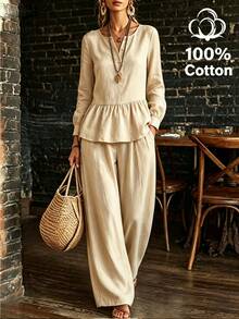 SHEIN Women's Woven Solid Color Cotton Ruffle Trim Blouse And Pants 2 Pieces Set, Casual Boho Vacation Outfit For Fall/ Brunch Beige Vacation - Apricot - View 2